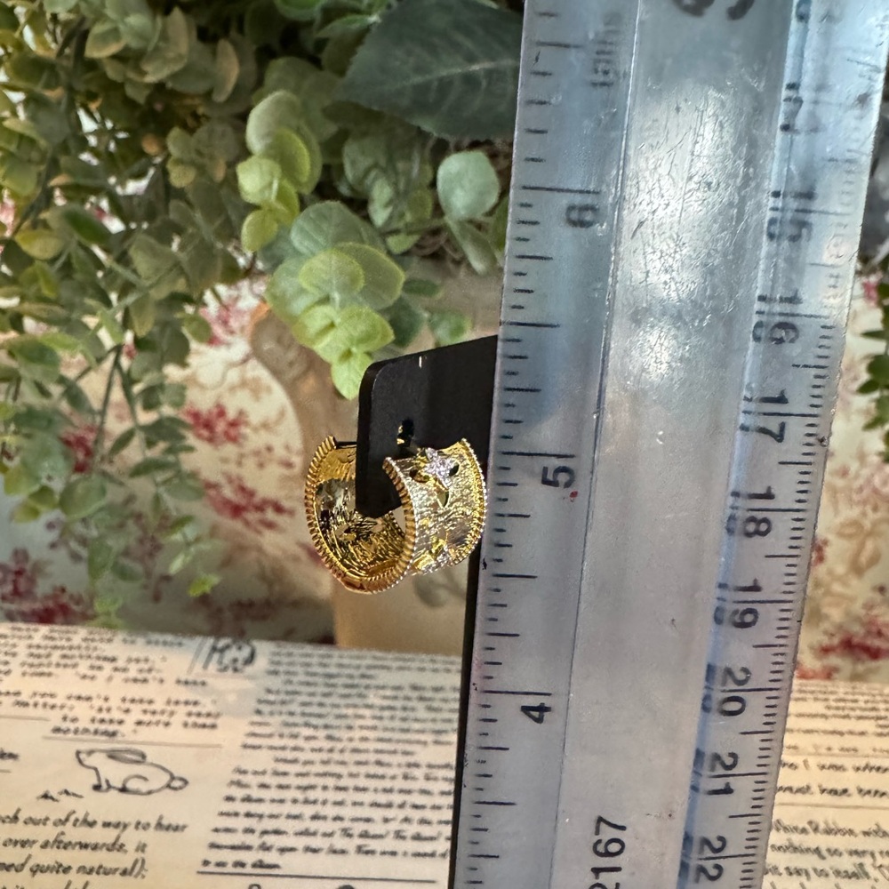 Stainless Steel Gold Textured Star Hoop Earrings - Picture 3 of 4